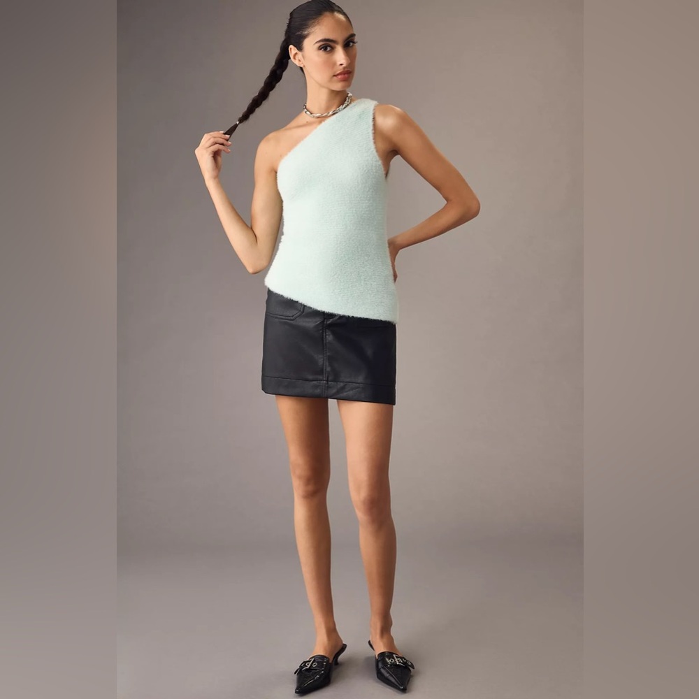 Anthropologie One-Shoulder Light Mint Blue Eyelash Sweater Tank - Picture 3 of 9